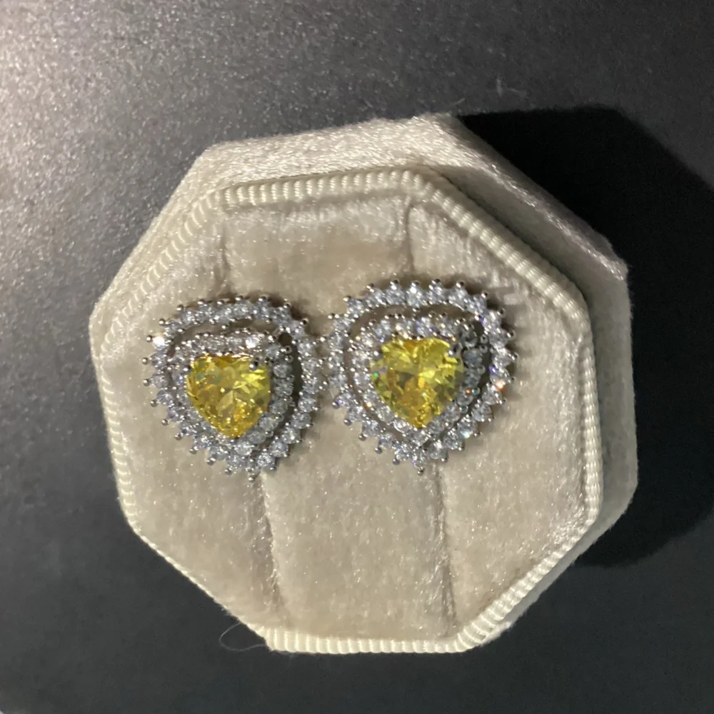 💛 Gorgeous Canary Yellow Heart shaped Studs with Sparkling Double Halo